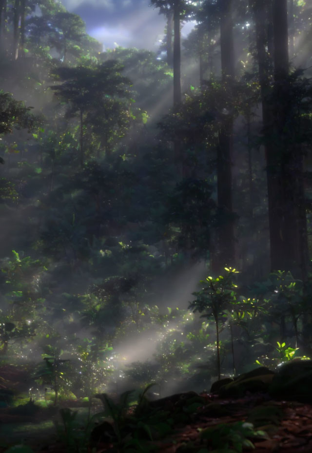 Tranquil forest scene with sunbeams and mist among tall trees