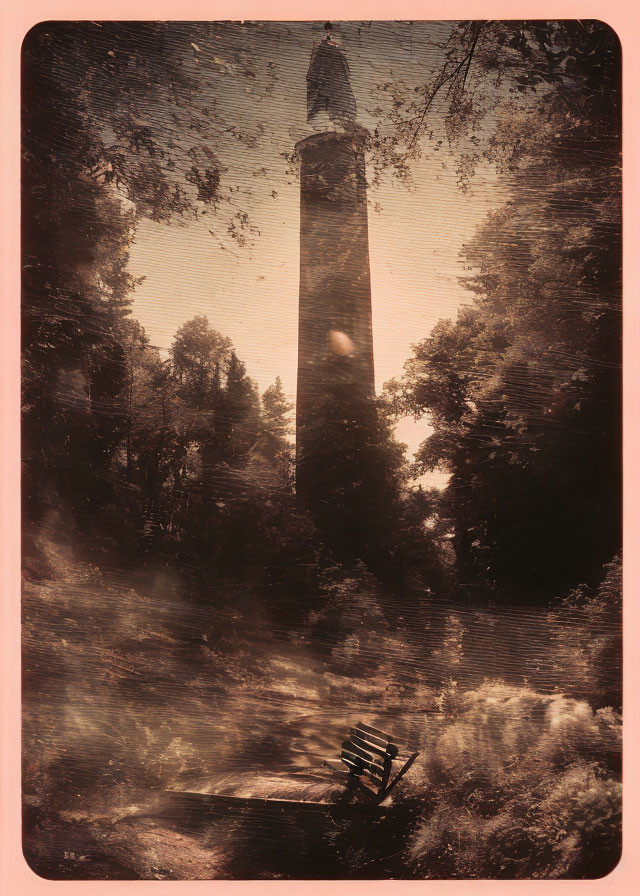 Vintage-style photo of tall tower, trees, bench, and tranquil water scene.