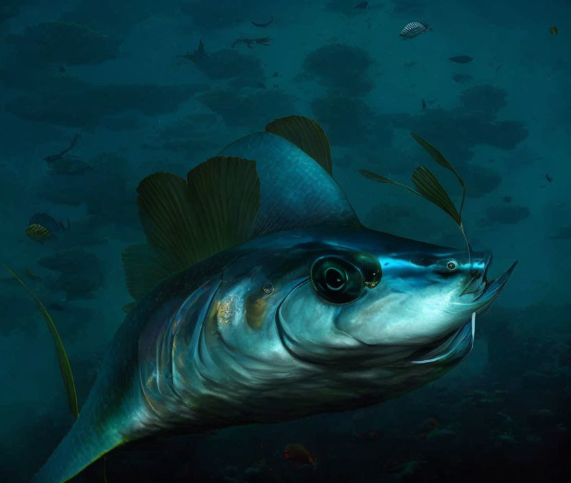 Blue fish with shiny scales and large eyes swimming underwater.