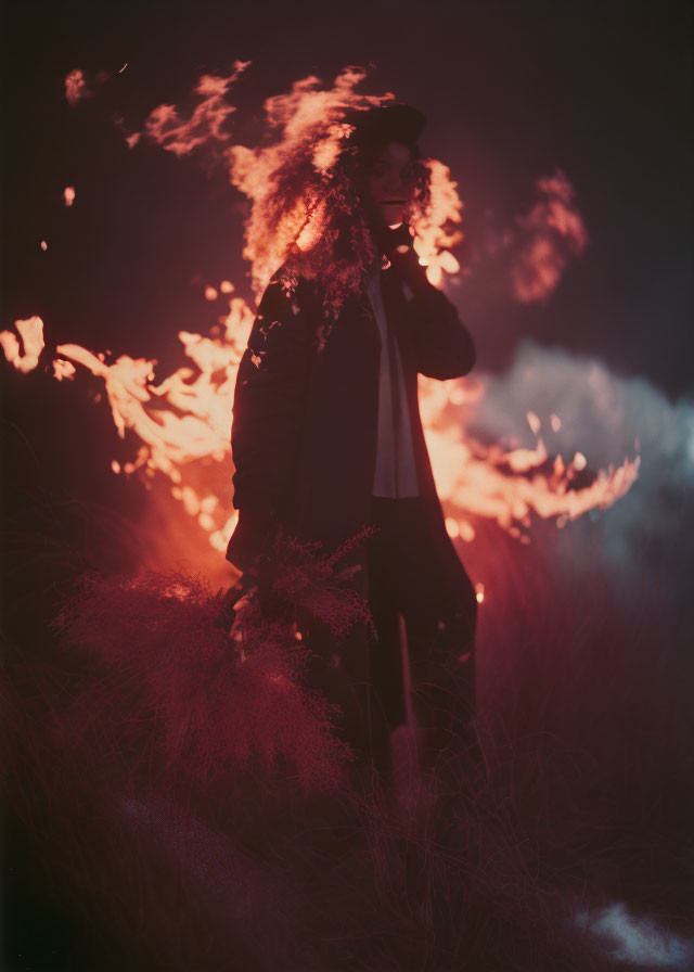 Silhouette of person in front of flames at night with tall grass and fiery glow