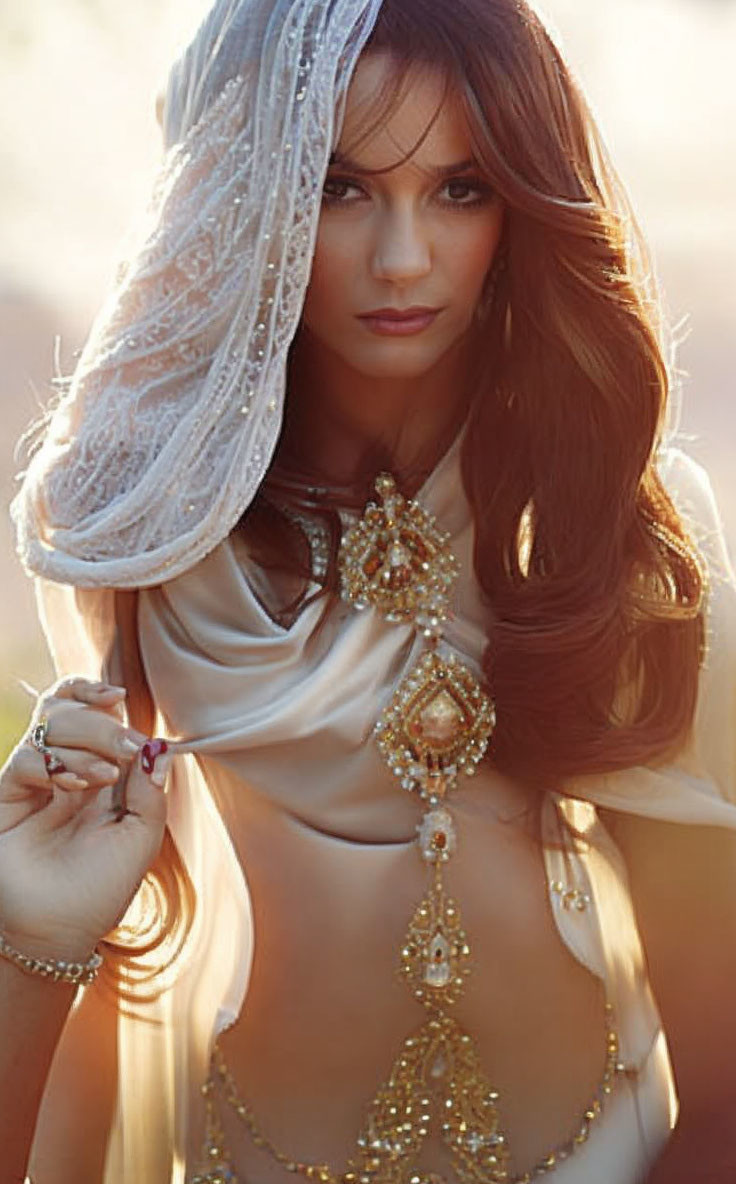 Long-haired woman in beige outfit with gold jewelry and white scarf staring intently