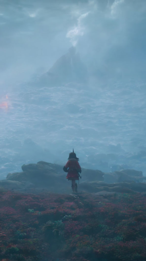 Solitary figure in red cloak on flower-covered ledge gazes at misty mountain