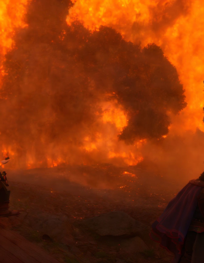 Blue-caped character watches fiery explosion in forest landscape