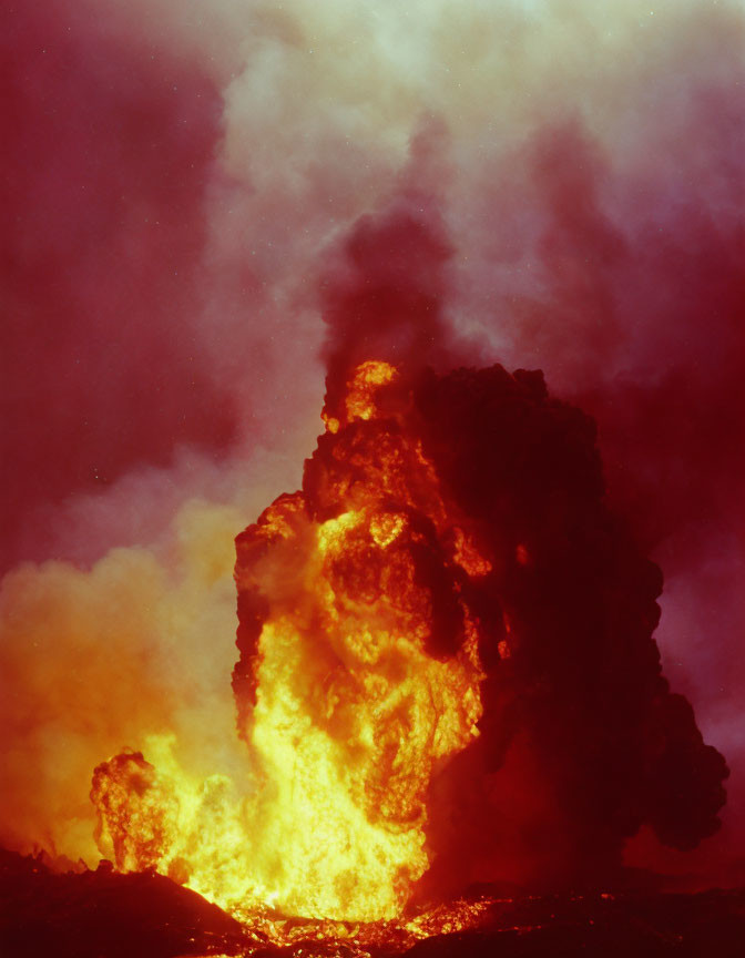 Massive volcanic eruption spewing flames and smoke in blood-red sky