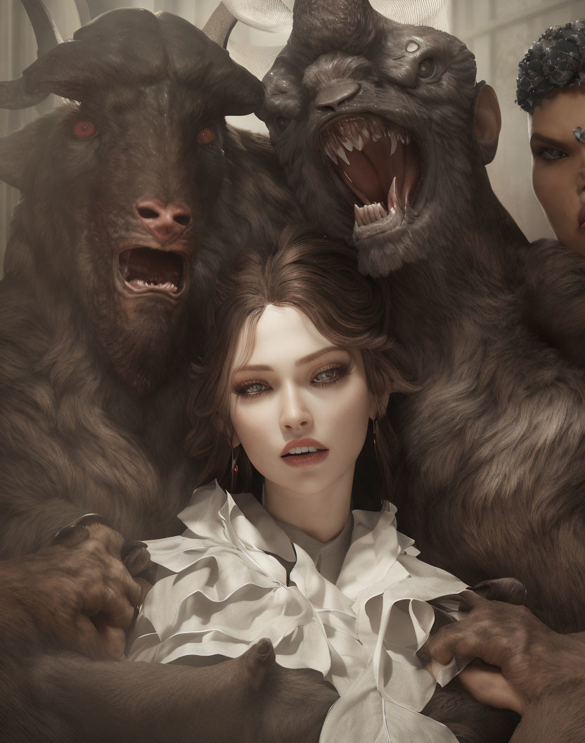 Woman in white blouse with light makeup and three snarling creatures.