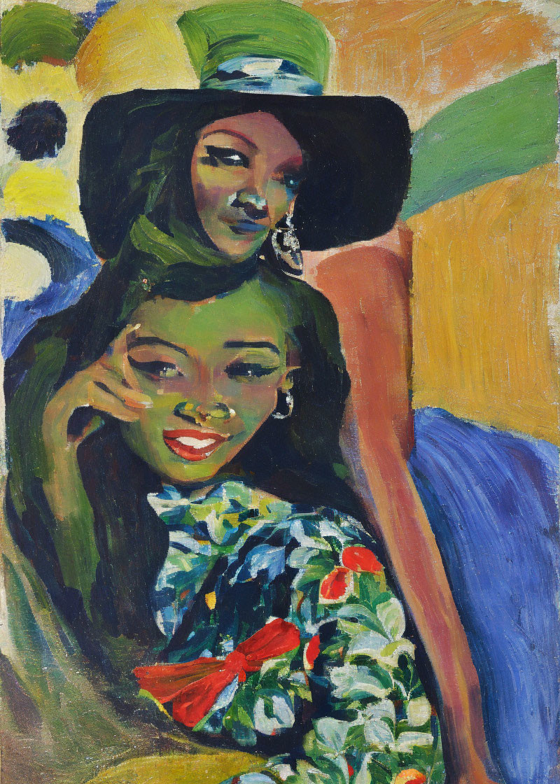 Vivid expressionist painting of two women with green skin and colorful attire