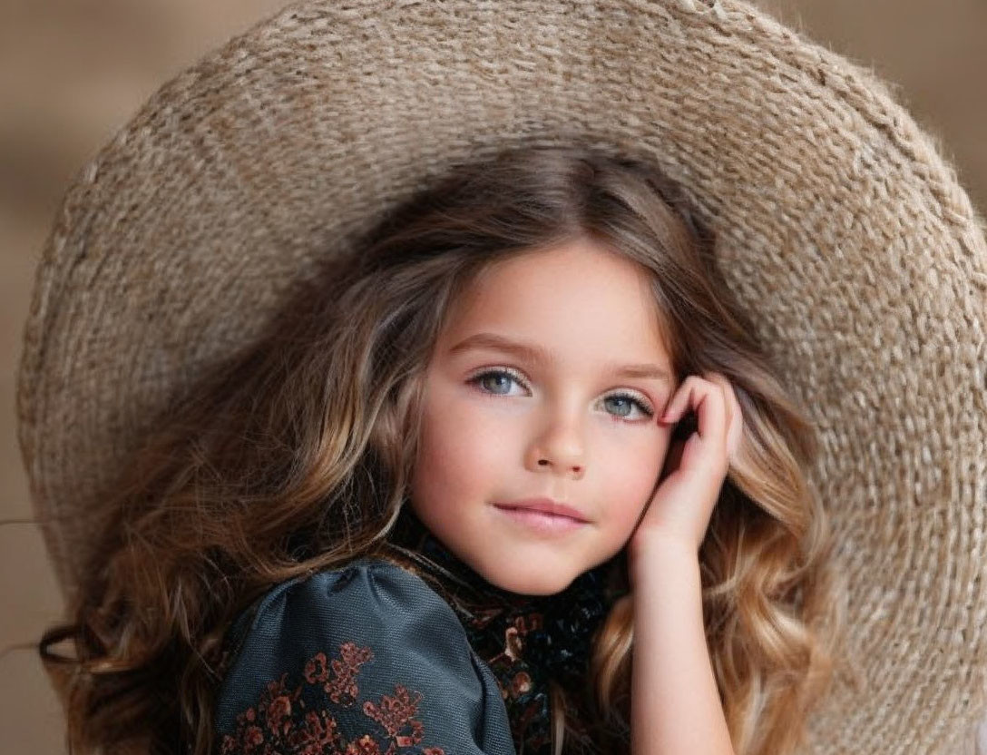 Young girl with wavy hair in straw hat and embroidered shirt.