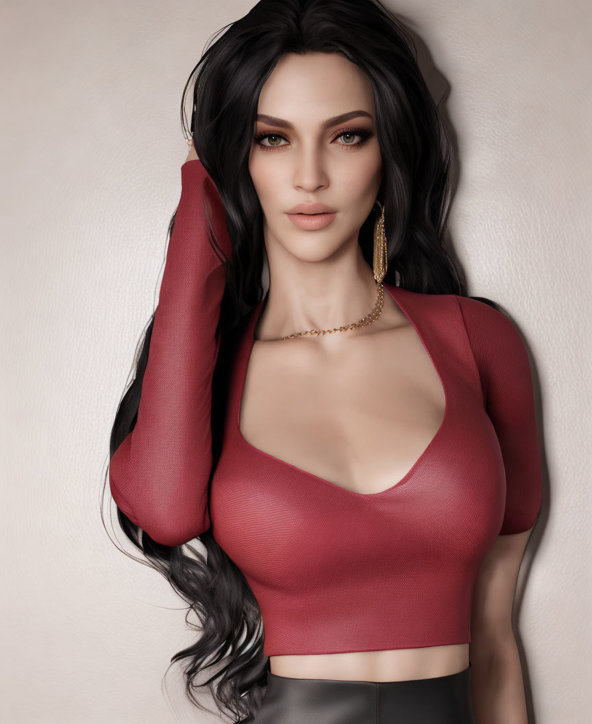 Digital portrait of woman with long black hair, red top, gold necklace, makeup, green eyes