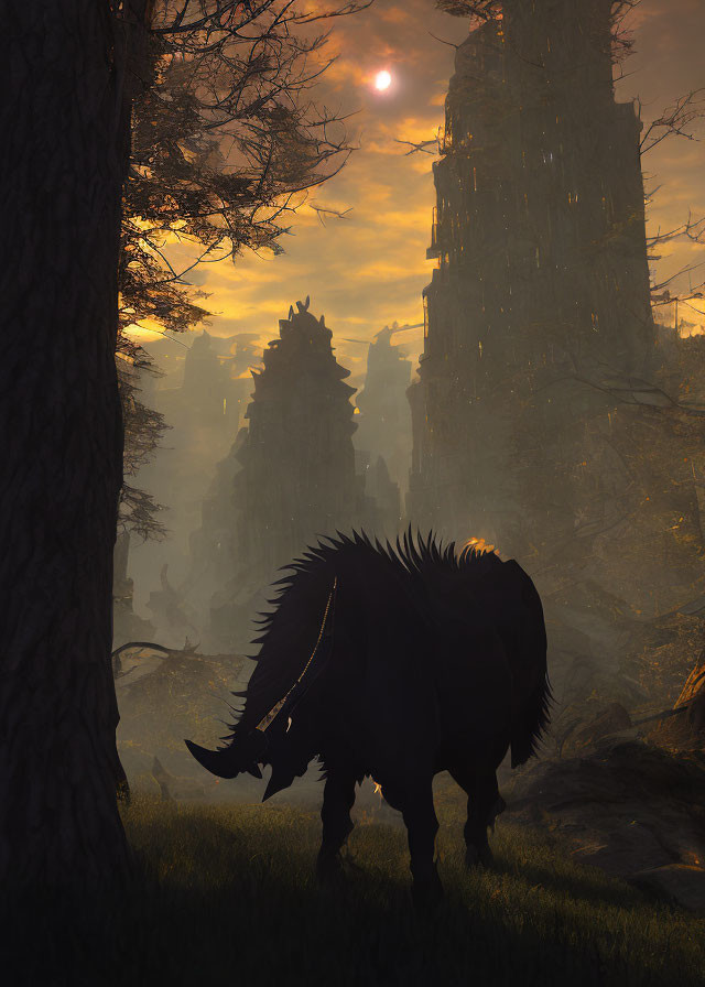 Mysterious forest sunset scene with horned creature and ancient ruins