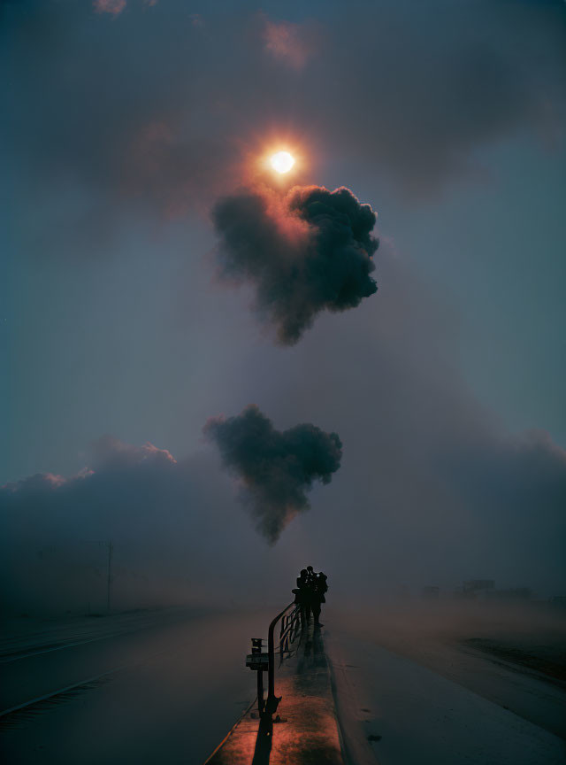 Silhouetted figures on a hazy road with dense smoke and obscured sun