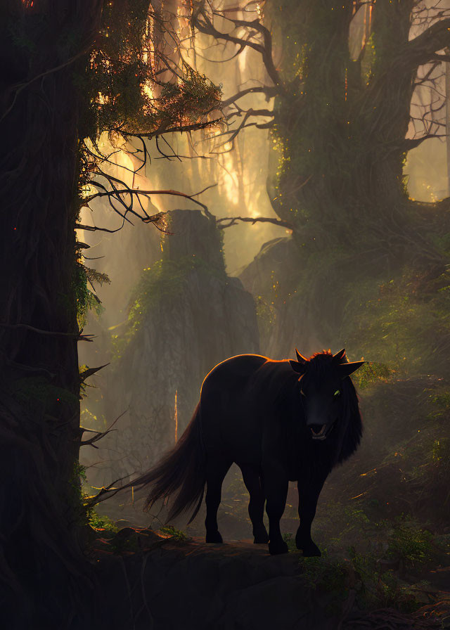 Black horse in mystical forest bathed in golden sunlight