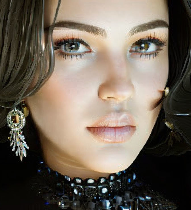 Close-up of woman with striking makeup and large earrings, wearing black beaded necklace