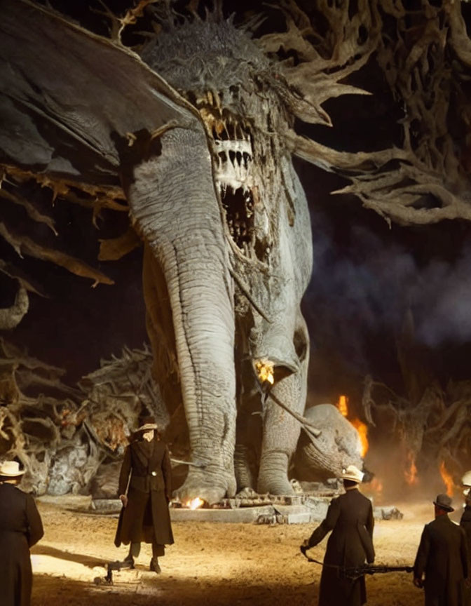 Gigantic elephant with skull-like face in barren landscape with flames and vintage-clad people.