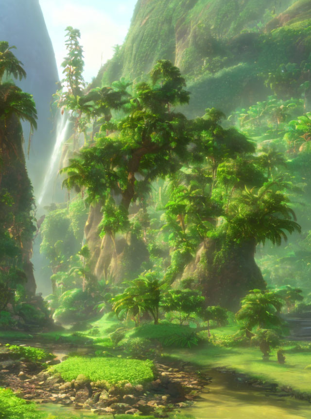 Tropical valley with waterfall, cliffs, and river in misty greenery