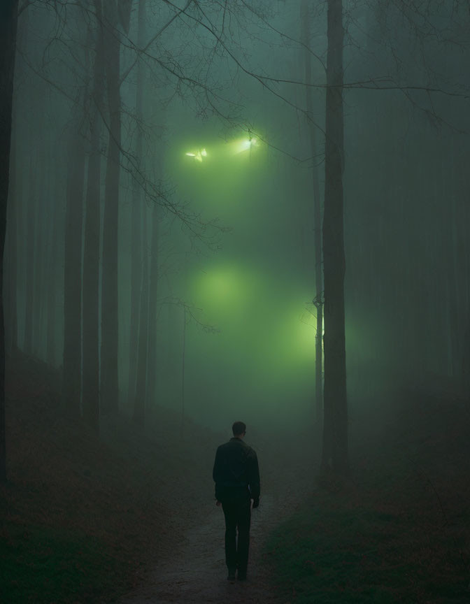 Person walking on forest path under glowing green light in foggy atmosphere