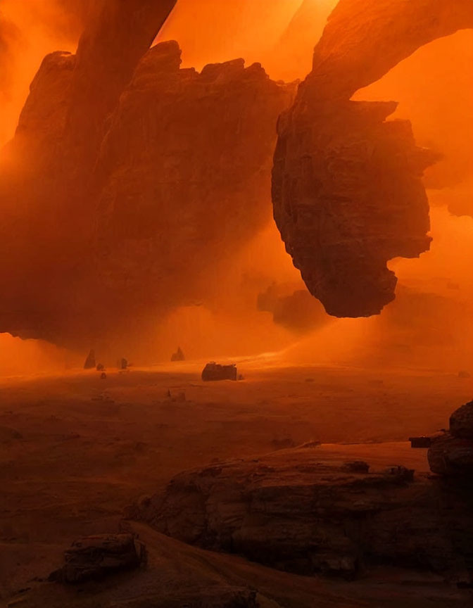 Convoy of vehicles in dusty alien landscape with rock formations