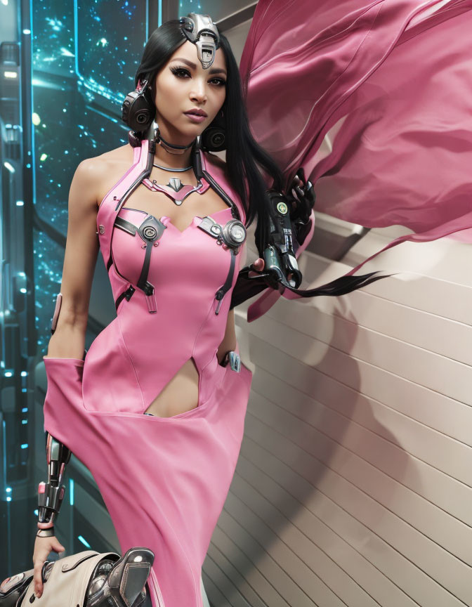 Female Cybernetic Character in Pink Futuristic Outfit with Mechanical Limbs