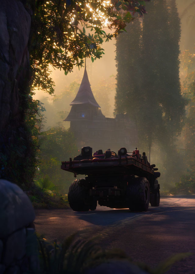 Safari vehicle on tranquil road with mystical tower and lush trees