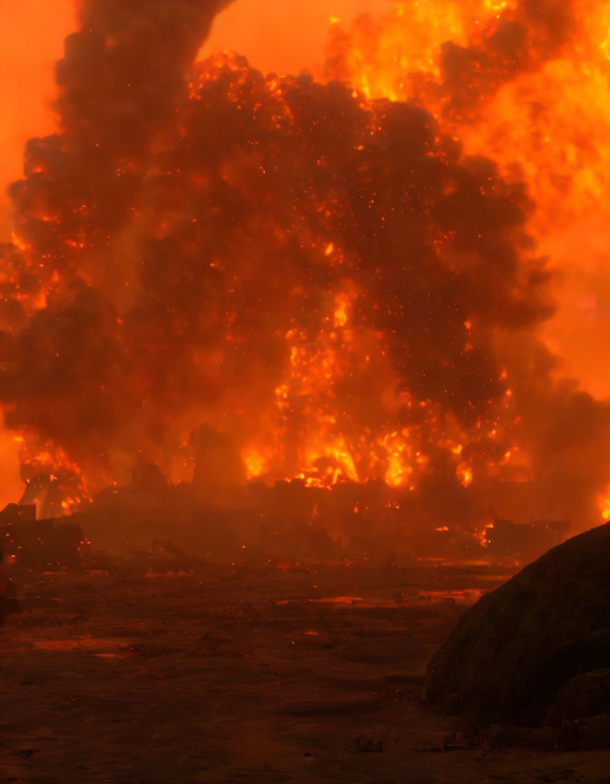 Massive fiery explosion in barren orange landscape