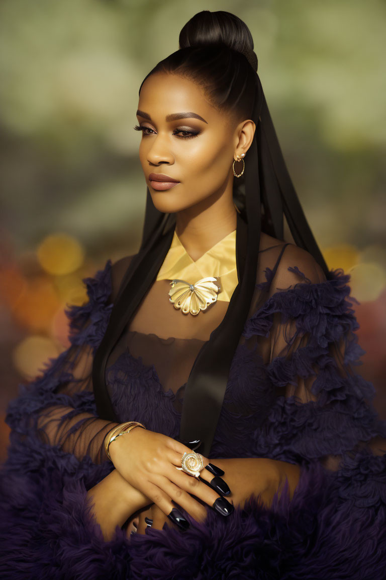 Woman in Purple Feathered Dress with Sleek Updo and Gold Accessories