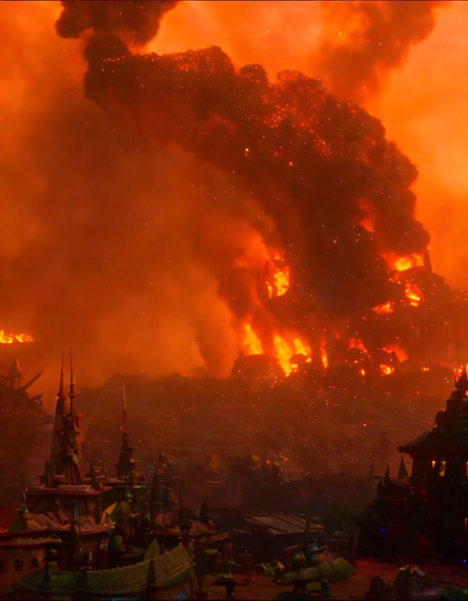 Fiery volcanic eruption over burning cityscape with traditional architecture under smoky orange sky