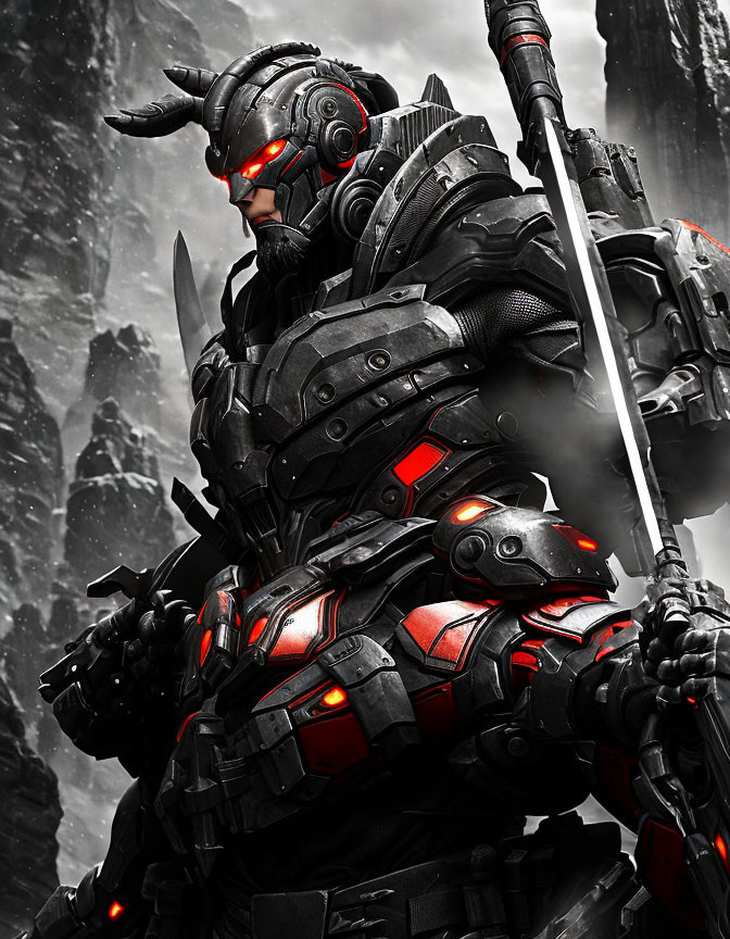 Futuristic warrior in black and red armor with glowing eyes and spear in mountainous setting