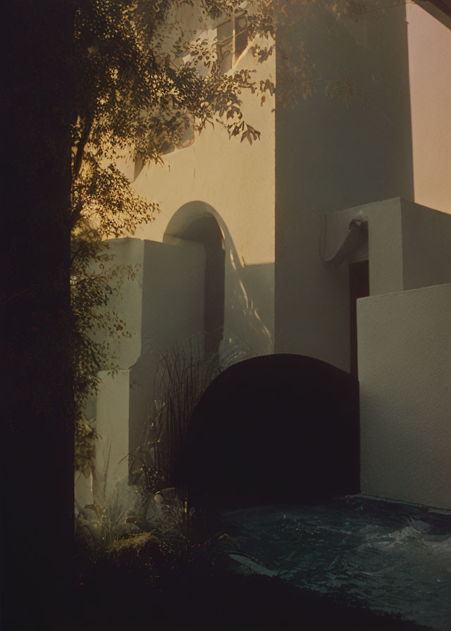 Sunlight filters through foliage on a building with archways and water feature at dusk