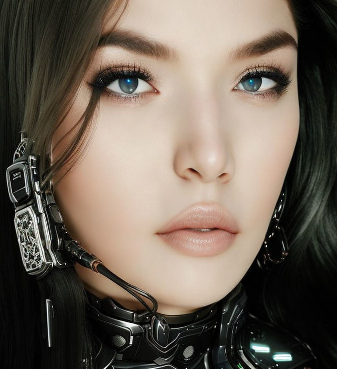 Person with Striking Blue Eyes and Futuristic Cybernetic Gear