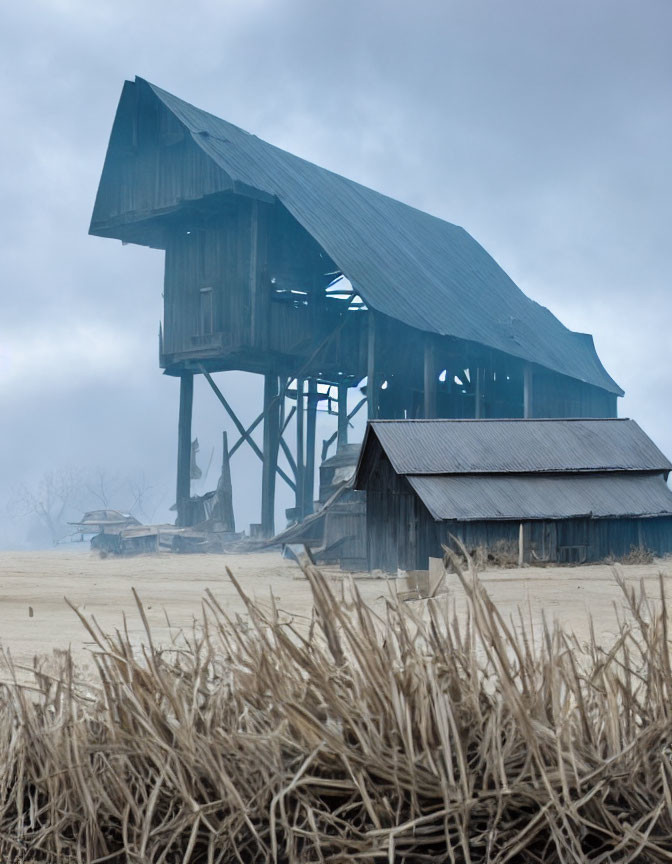 Weathered wooden barn in misty barren field