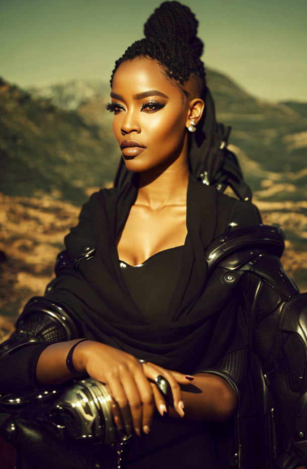 Stylish woman with high bun in black outfit against sunset mountains