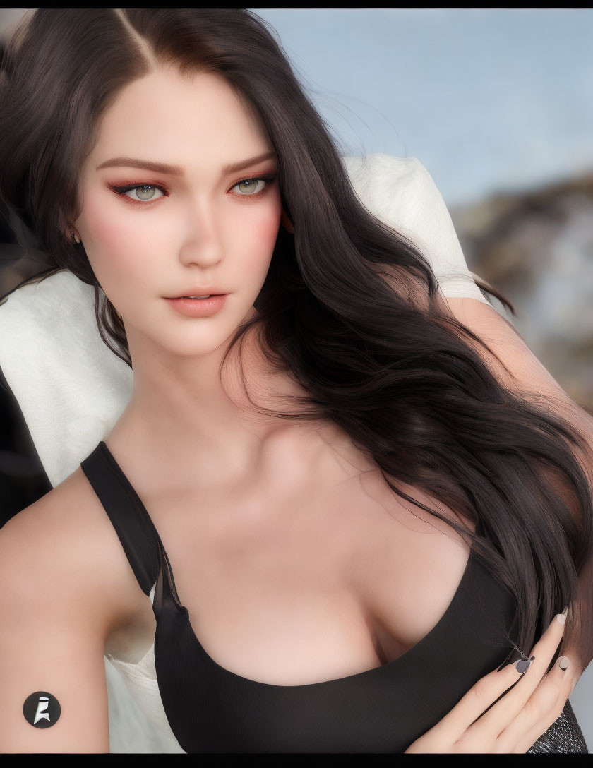 Portrait of woman with long black hair, fair skin, and green eyes in black top