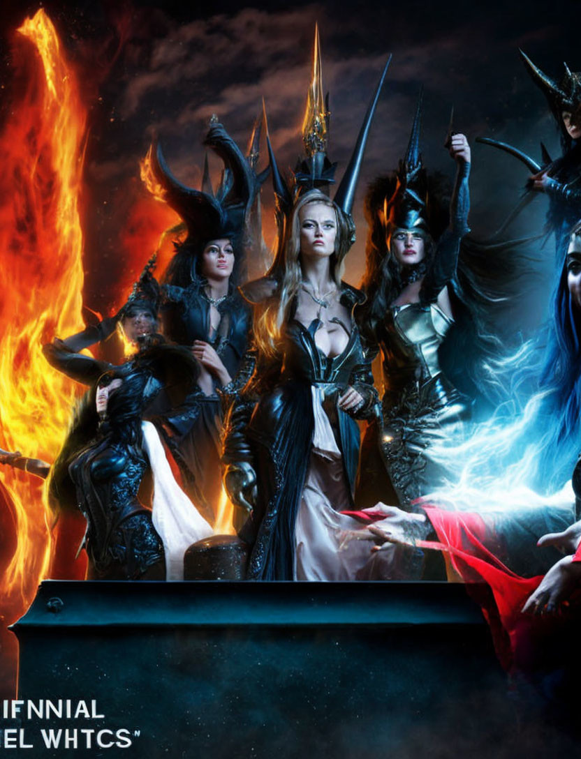 Fantasy characters in dark costumes with crowns, holding spears, surrounded by flames and blue magic