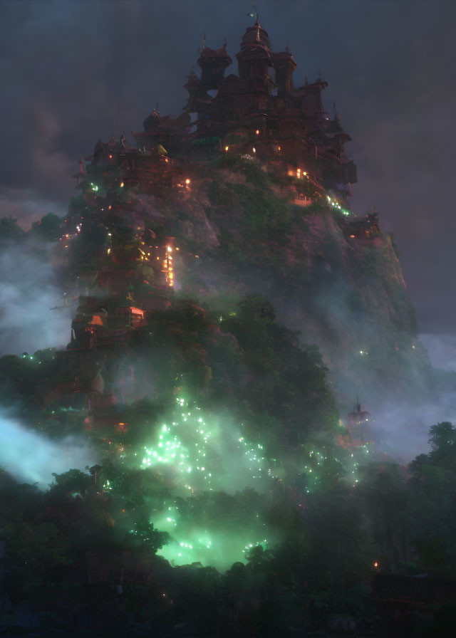 Majestic pagoda temple on misty mountain at night