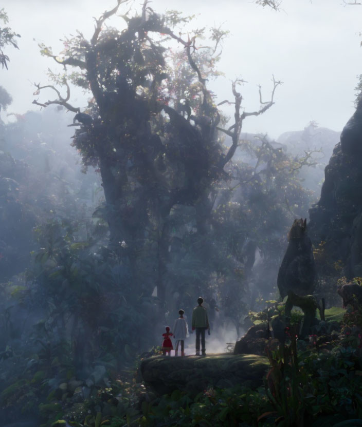 Two people by forest edge viewing mystical giant tree in foggy serene setting