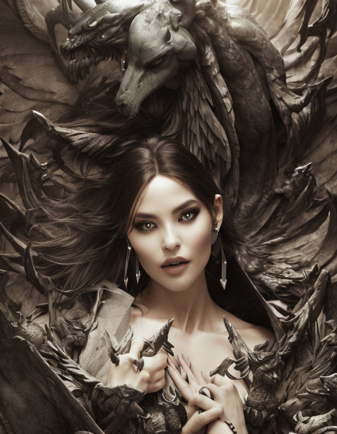 Woman with striking makeup surrounded by fantastical creatures and dragon.