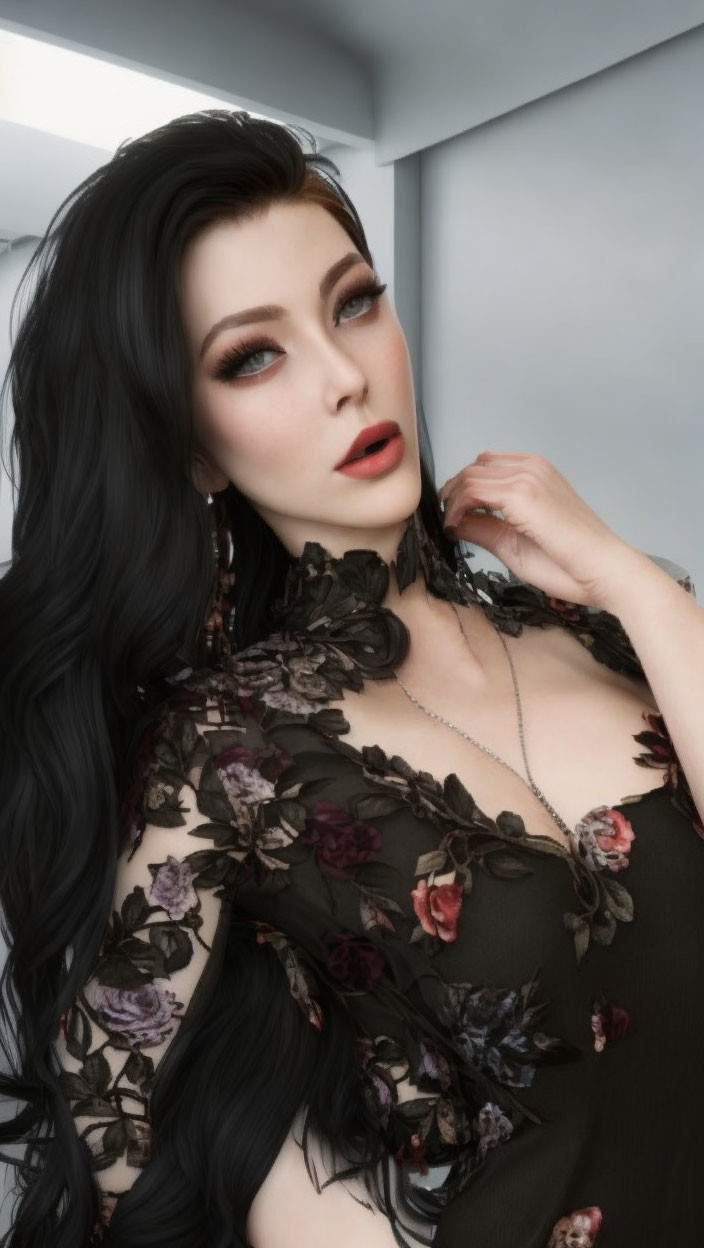 Long-haired woman in dark floral dress with red lipstick poses elegantly