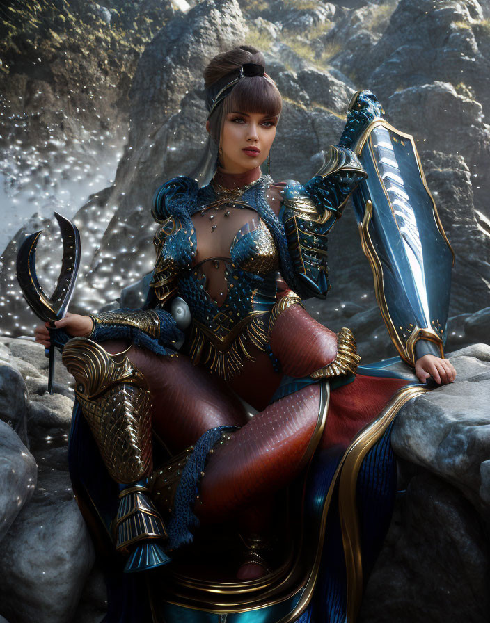 Warrior woman in blue and gold armor with sword and shield near waterfall.