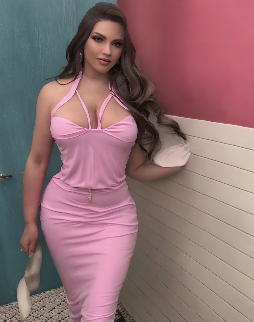 Woman in Pink Halter-Neck Dress Against Pink and Teal Wall