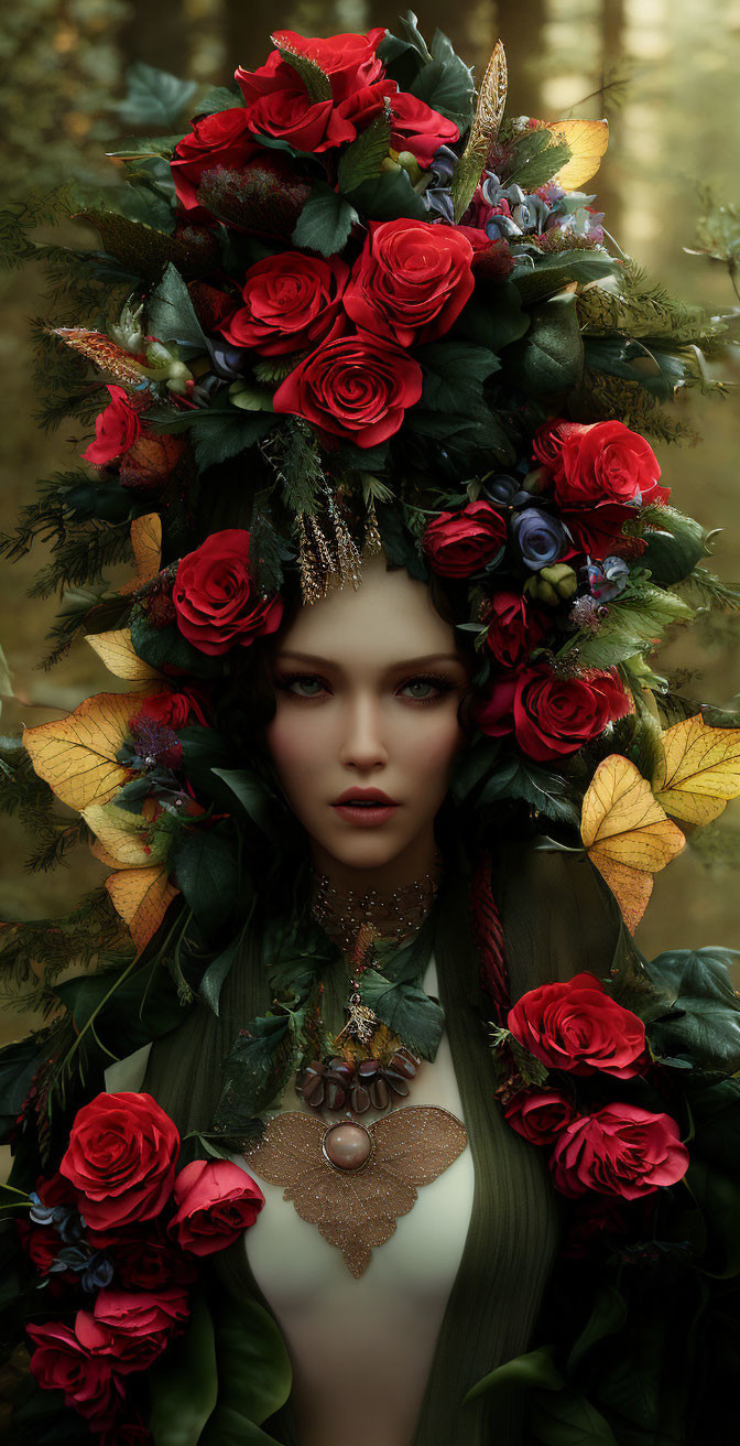 Woman with Red Rose Floral Headdress and Dramatic Makeup