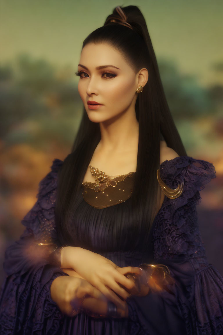 Dark-haired woman in purple dress with gold jewelry on autumnal background