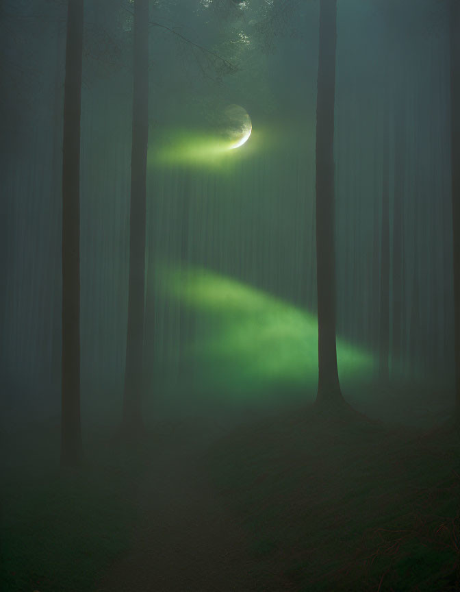 Surreal forest scene with dense fog, crescent moon, and green glow