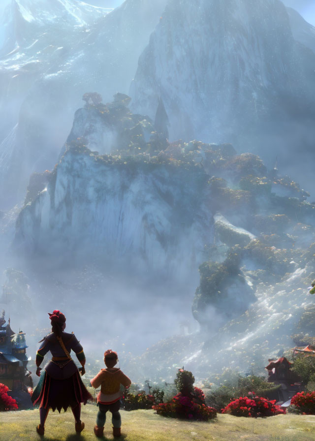 Animated characters view mystical mountain village in mist with towering peaks