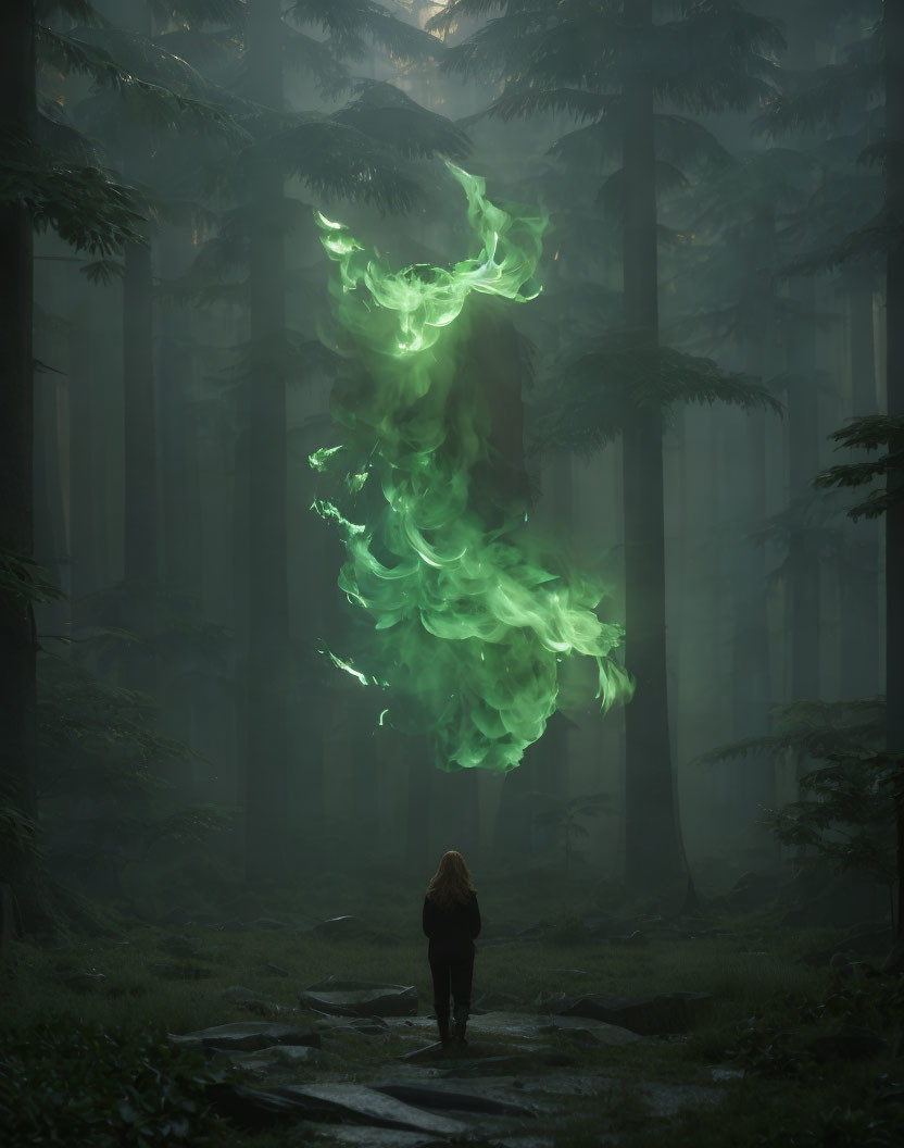 Person on forest path gazes at large glowing green ethereal figure