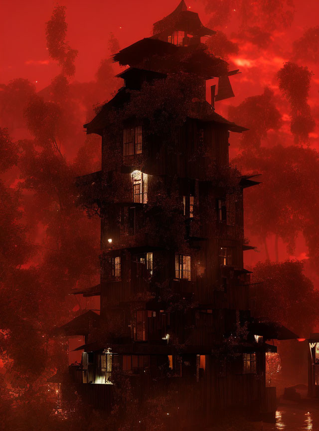 Multi-story Pagoda Building Surrounded by Trees at Dusk