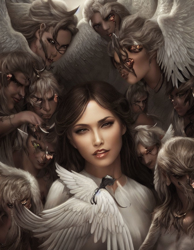 Angel-themed artwork featuring serene woman and various figures with intense gazes in muted earth tones