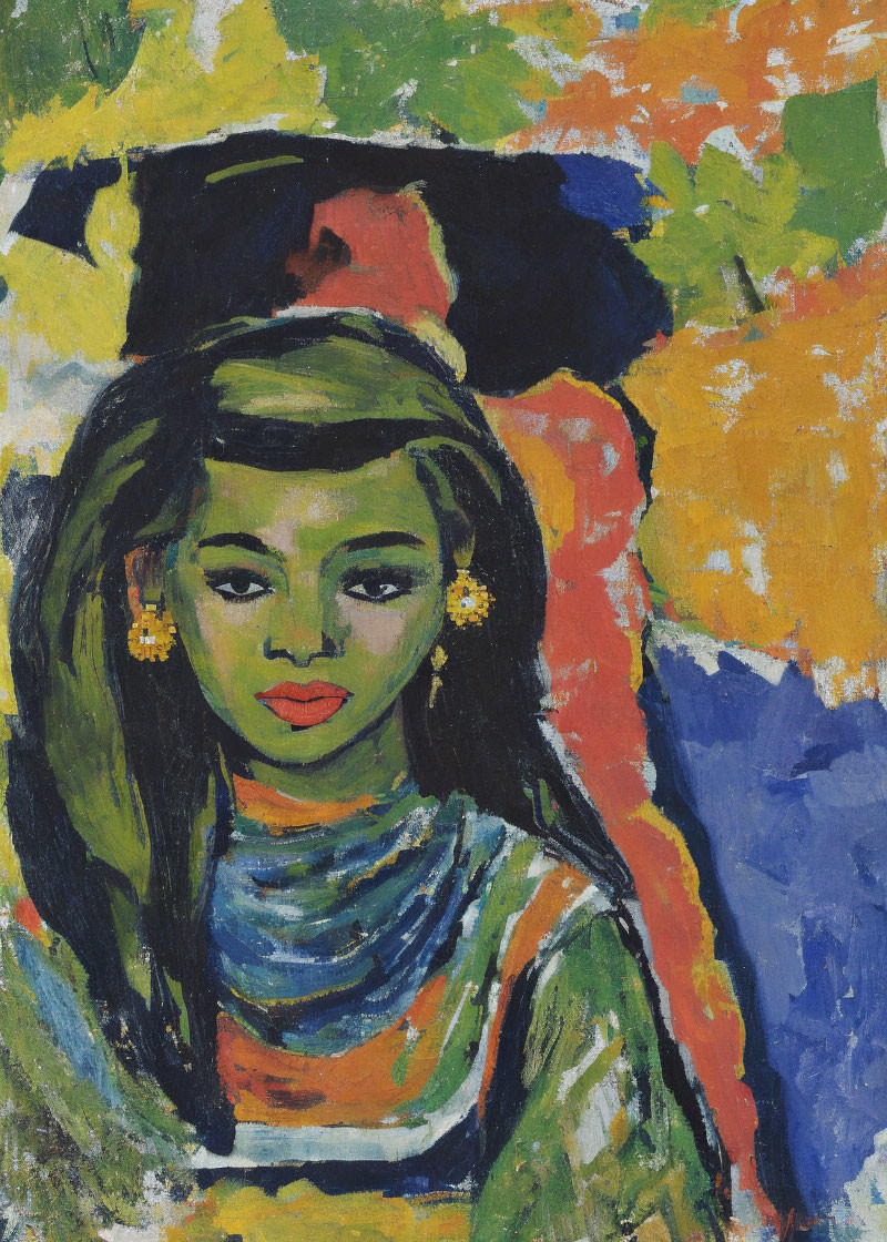 Vibrant expressionist painting of woman with long hair and bold stripes on dress