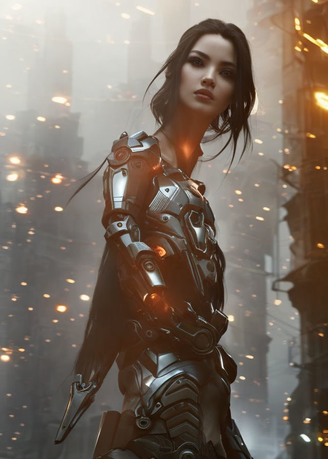 Female Cyborg in Urban Setting with Illuminated Particles