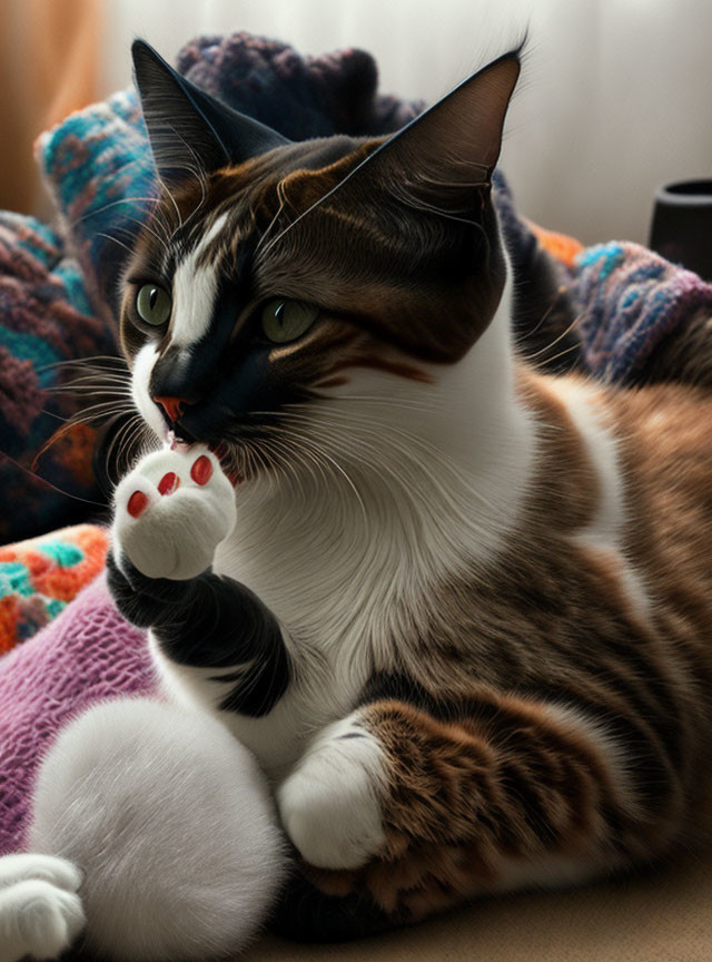 Brown and White Cat with Green Eyes Grooming on Colorful Knitted Blanket