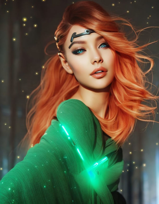 Vibrant orange hair and blue eyes in futuristic digital art