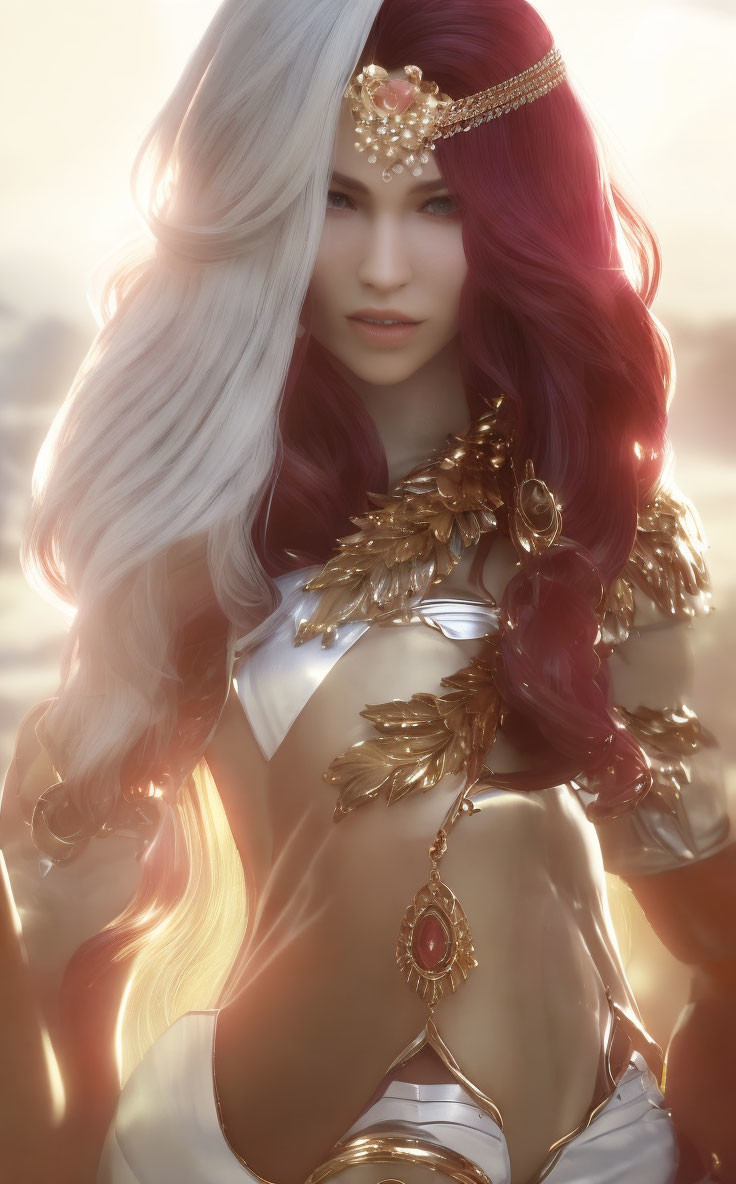 Split White and Red Hair Fantasy Woman in Golden Armor and Gem-Encrusted Headpiece